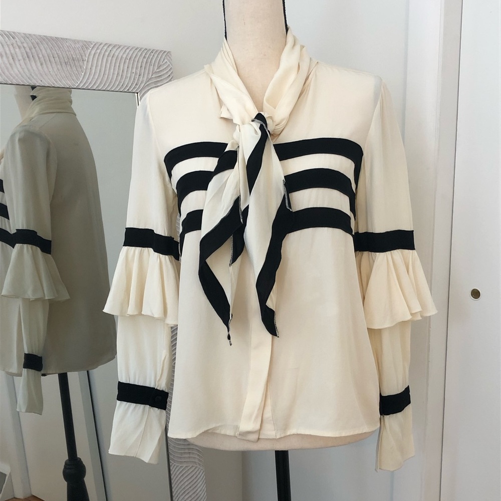 🍷 Issa London 100% Silk Ruffle Blouse with Pussy Bow, Scarf Neck Detail